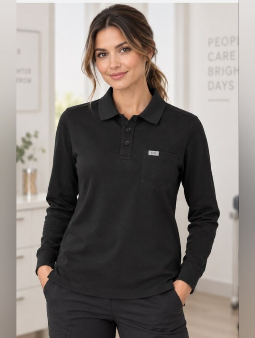 FIGS PRO Technical Pique Scrub Polo Shirt Womens XS Black Long Sleeve  W22WW1008